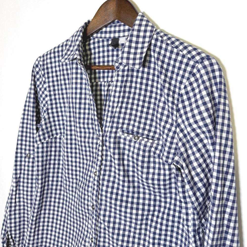 KUT from the Kloth Gingham Button Down Shirt Navy White Roll Tab ST1001 Medium